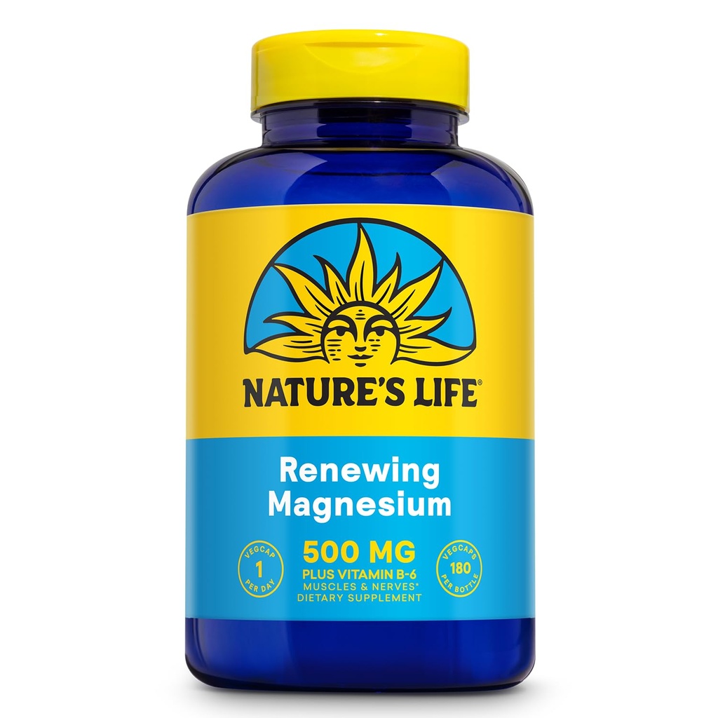 Natures Life Renewing Magnesium 500 mg - Plus Vitamin B-6 - Podpora svalů a nervů - Laboratoř ověřena (180 Služeb, 180 VegCaps)