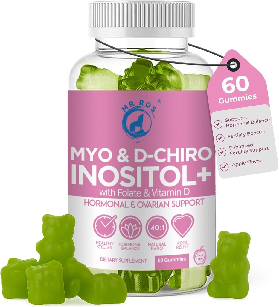 Inositol Gummies PCOS s folátem a vitaminem D - Myo & D-Chiro Inositol Blend, 40: 1 poměr, 60 Apple Flavor Gummies