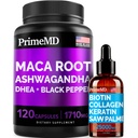 4-in-1 Liquid Biotin Kolagen Keratin Saw Palmetto Drops (2 fl oz - 1 Pack) & 6-in-1 Maca Root Ashwagandha w Black Pepper Fruit (120ct) Bundle - vlasy, kůže, hřebíky, energie a mood Supplement