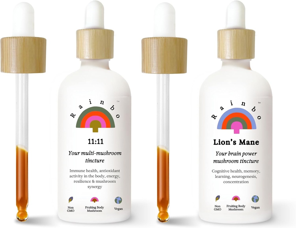 Rainbo Fan Favorite Bundle, 11: 11 Multi Houba Extract + Lví hříva Houba Tinktura, Dual Extract Denní Houba Tinktury pro komplexní imunitní podporu, Vegan Liquid Houba Doplňky