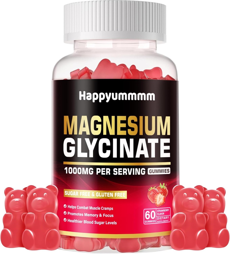 Magnesium Glycinát Gummies 1000mg - Supplement draslíku bez hořčíku s vitaminem D, B6, CoQ10 pro klidnou náladu a spánkovou podporu - 60 Jahodové gumy.