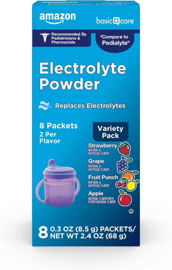 Basic Care Electrolyte Powder Variety Pack, Apple, Ovocný punč, Grape, Jahoda, 8 Počet