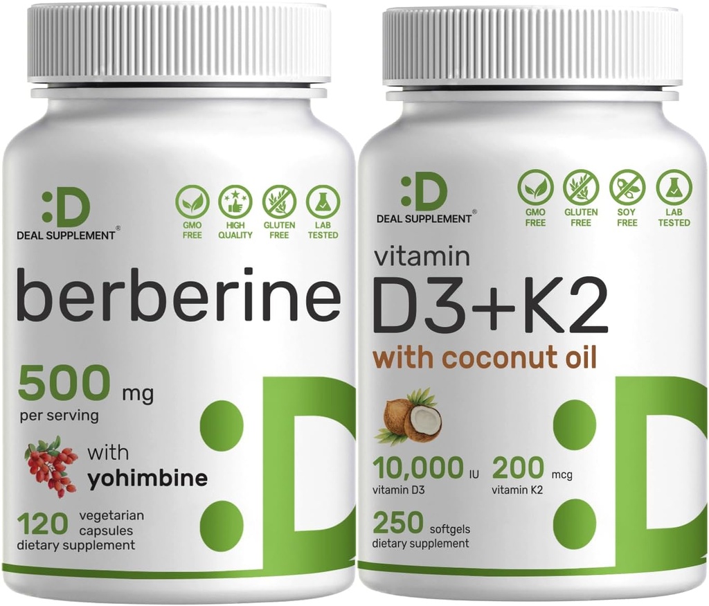 DOPLŇKOVÝ vitamin D3 10,000iu + K2 200mcg Softgels & Berberine dodatek s Yohimbin Bundle - Esenciální sluneční vitamíny s kokosem Oil - High Absorption Hydrochloride HCl Forms