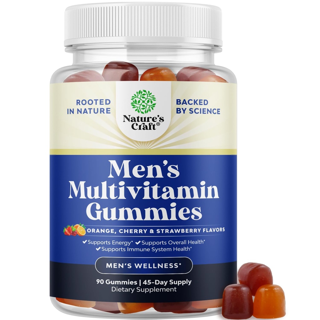 Natures Craft Daily Mens Multivitamins Gummies - Mens Gummy Multivitamins s zinkem a biotin Imunitary Support Gummies - Potenciální vitamíny pro energii a imunitu Non- GMO gluten Free Halal 90 Count