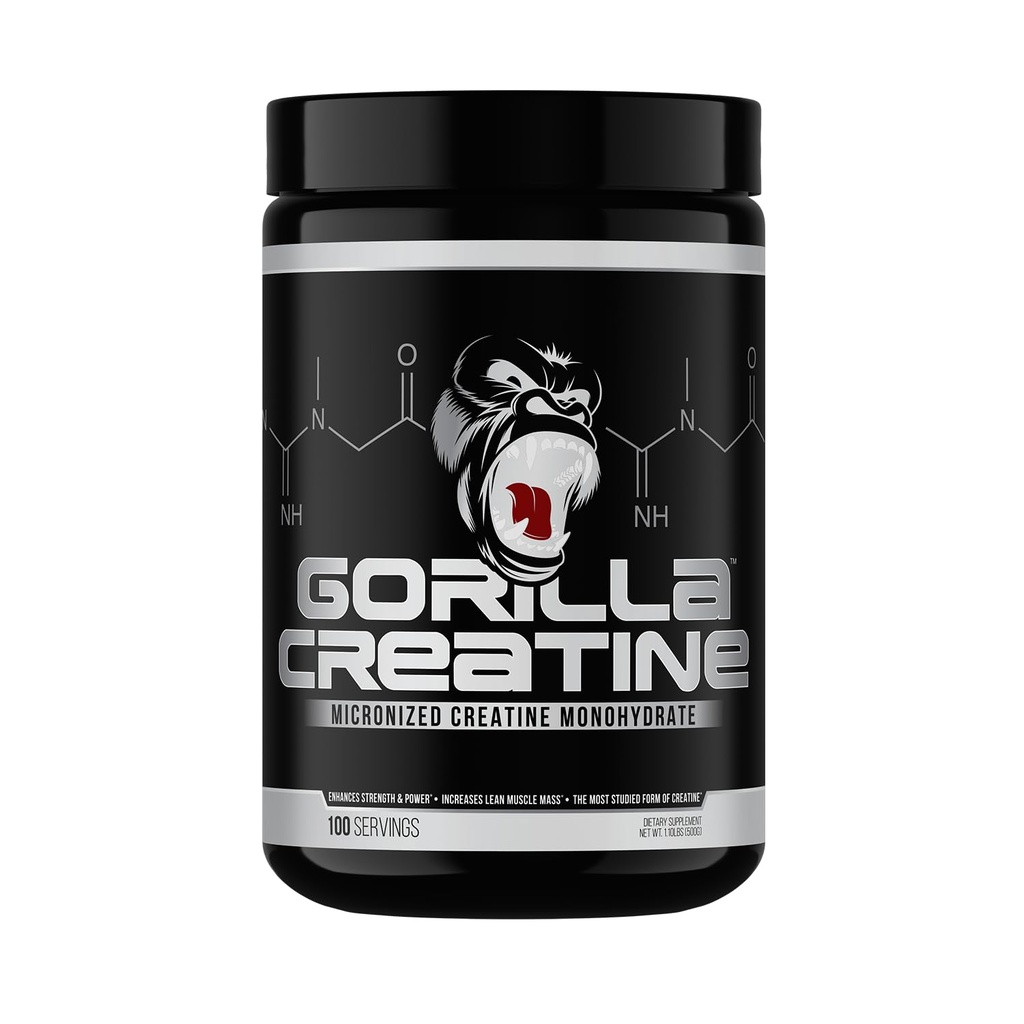 Gorilla Mind Creatine Monohydrát Mikronizovaný prášek, Lepší velikost svalů, Výkon a síla, 5 Grams per Serving, 100 Serving