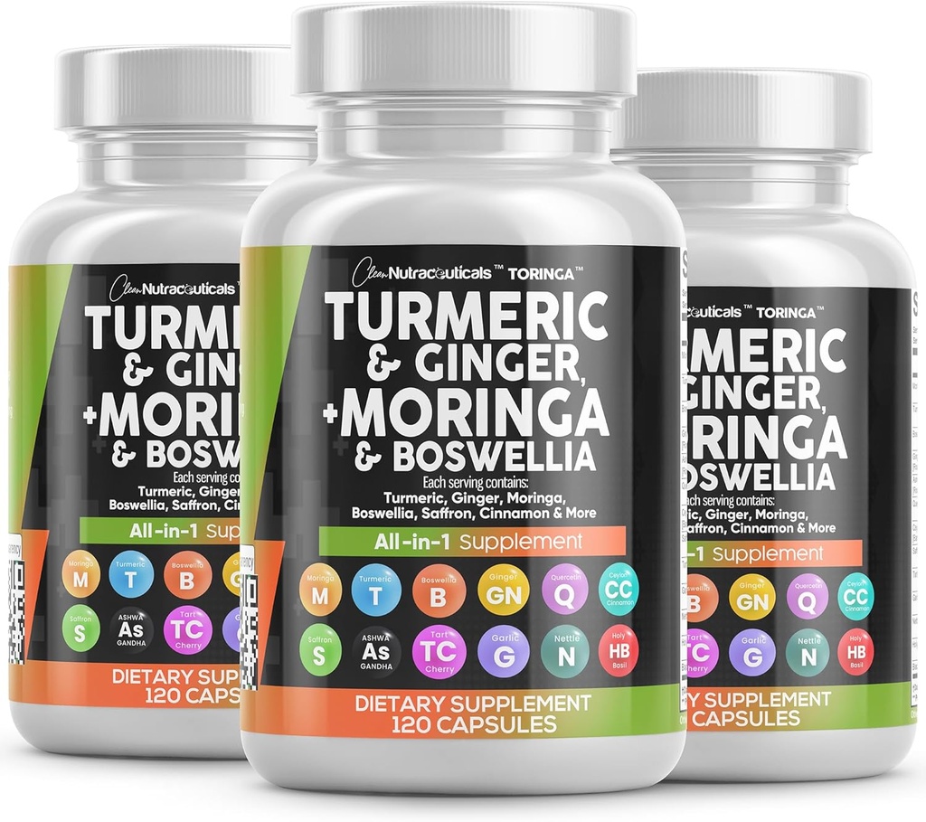 Turmeric Moringa dodatek 124; Ginger Boswellia Saffron - dodatek pro ženy a muže s Cejlonskou skořicí, Tart Cherry, Quercetin Česnek Nettle Svatý Basil - 3Pack
