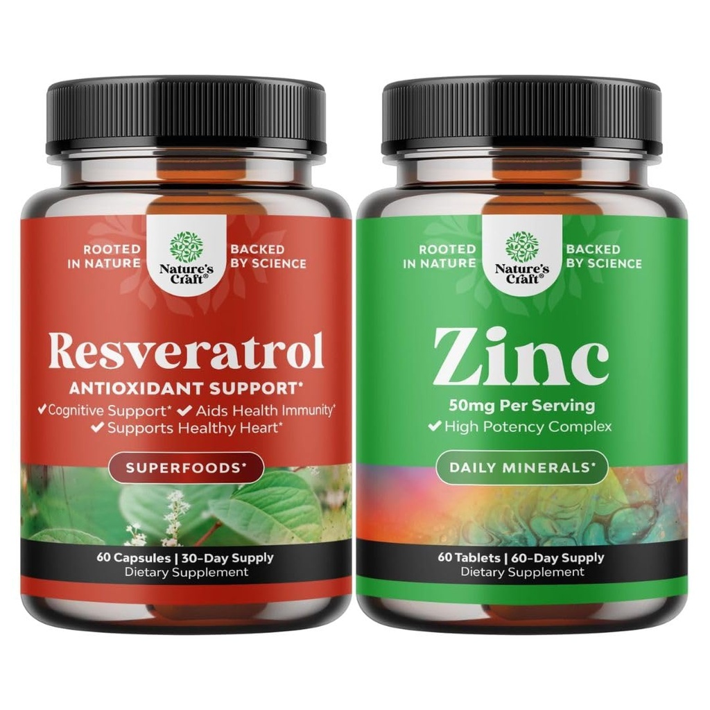 Bundle mladých Trans Resveratrol - Resveratrol Kapsle s AMPK Activator pro buněčné zdraví a vitalitu a Zinek 50mg Imunitní Supplement - Zinkový komplex pro vylepšení vlasové kůže a nehtů