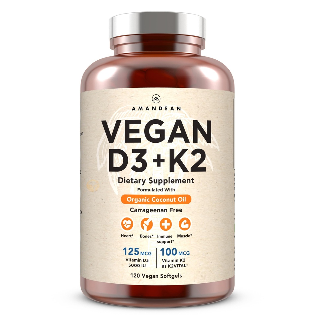 AMANDEAN Vegan Vitamin D3 K2. 5000 iu z Řasy. All- Trans MK-7. 120 Softgels. Plant- based & Karagenan Free. Organic Coconut Oil Blend. pro Mood, kosti, srdce, imunitní zdraví (balení květen Vary)