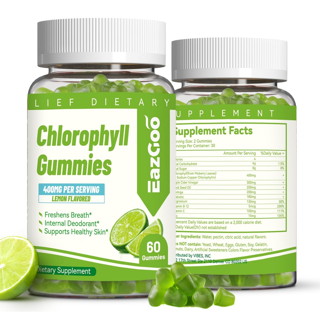Chlorophyll Gummies - with Zinc Vitamin B12 for Body Odor Deodorant* | Chewable Chlorophyll | Immune Support | Women | Vegan | 120 Gummies (Lemon)