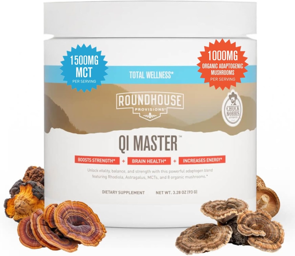 ROUNDHOUSE PROVISION Qi Master Adaptogen Blend, Earthy Mushroom Flavor with Astragalus Root, Rhodiolife Extract, MCT, 8 Organic Houby (30 Scoops) by Chuck Norris