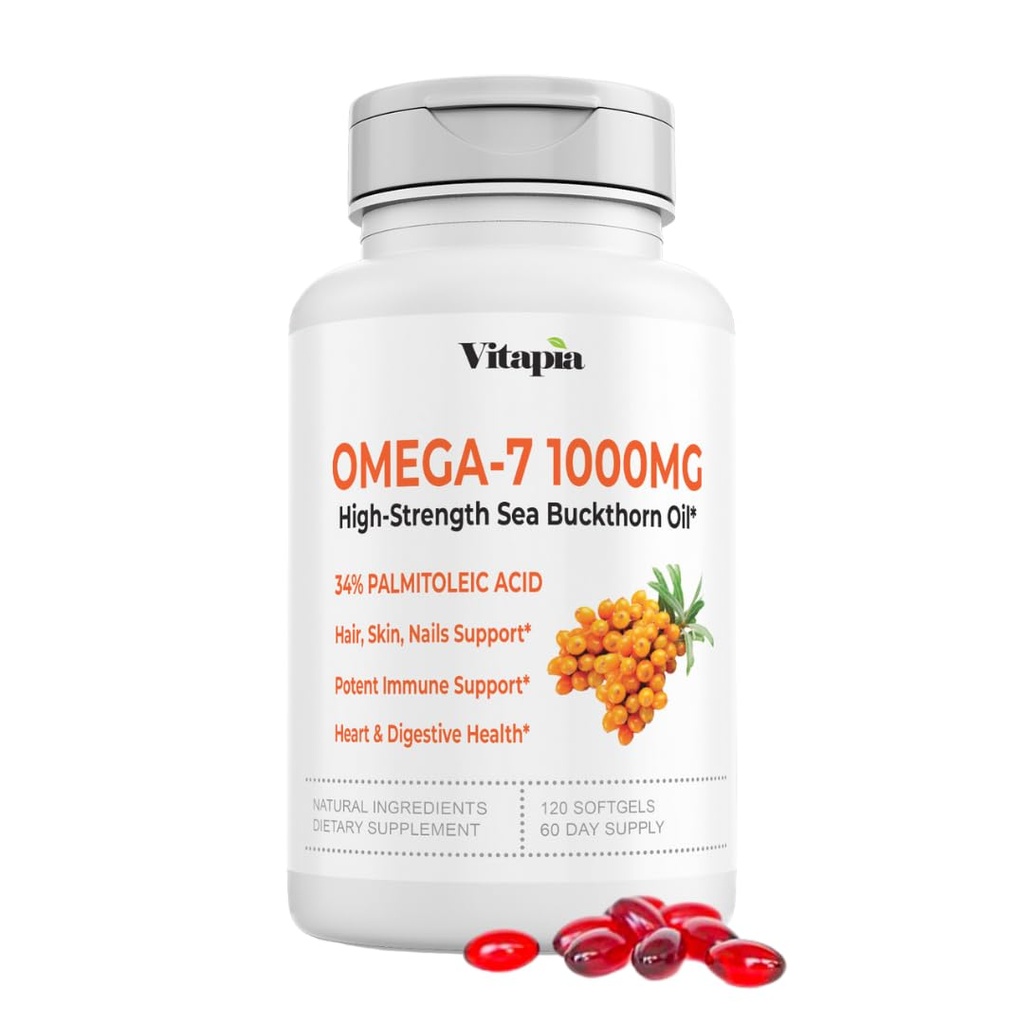Vitapia Omega 7 Mořský Buckthorn Berry Oil 1000mg pro vlasy, kůže, nehty, srdeční podpora - 34% Palmitolová kyselina & přírodní Omega 3 6 9 Tučné kyseliny dodatek - 120 Kapsle, Non- GMO, gluten- bez
