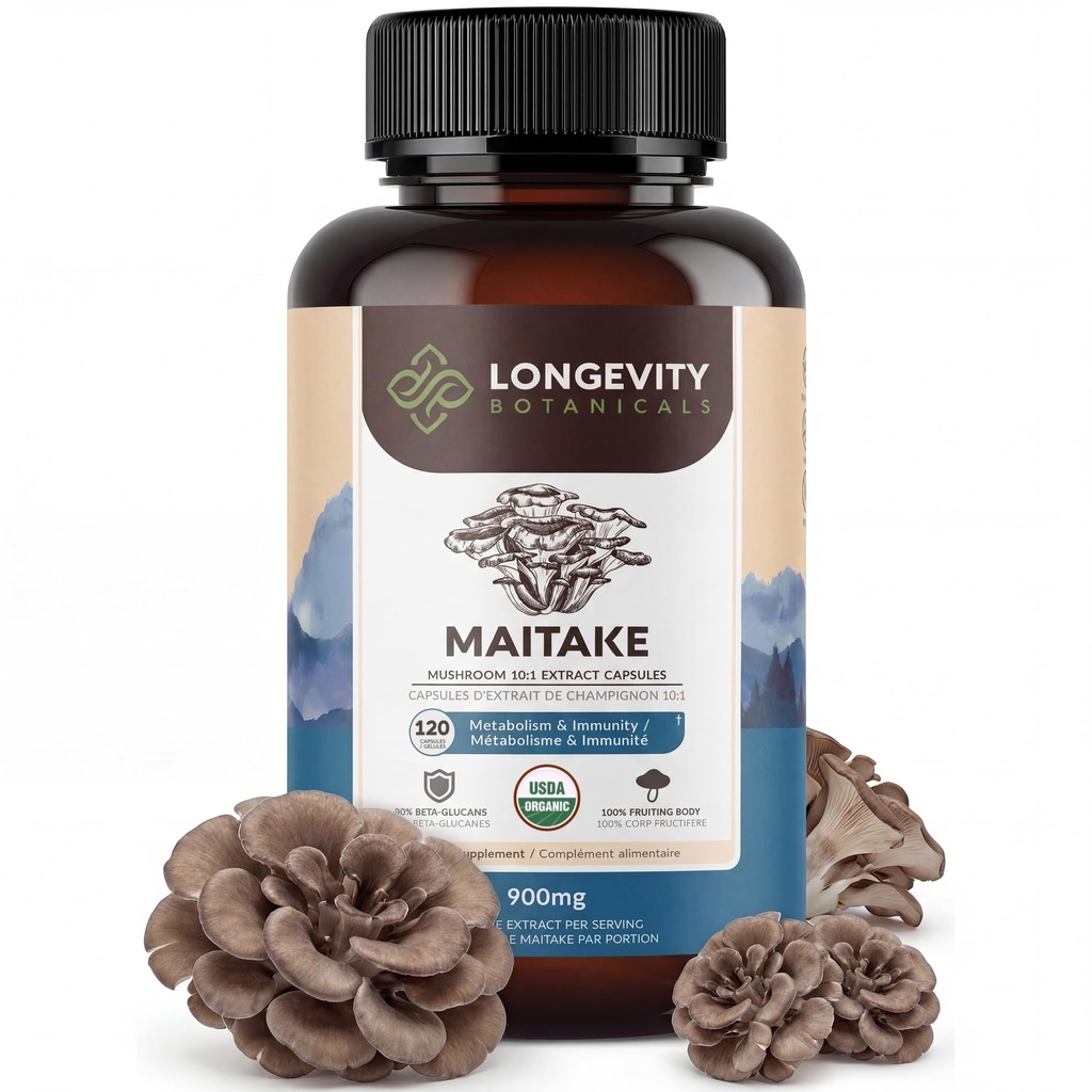 Longevity Botanicals Organic Maitake Mushroom Extract Capsules (120): 124; Koncentrované 10: 1 Poměr 124; 100% Plodící subjekty 124; Grifola frondosa přírodní doplněk pro Gut zdraví & Imunity Podpora
