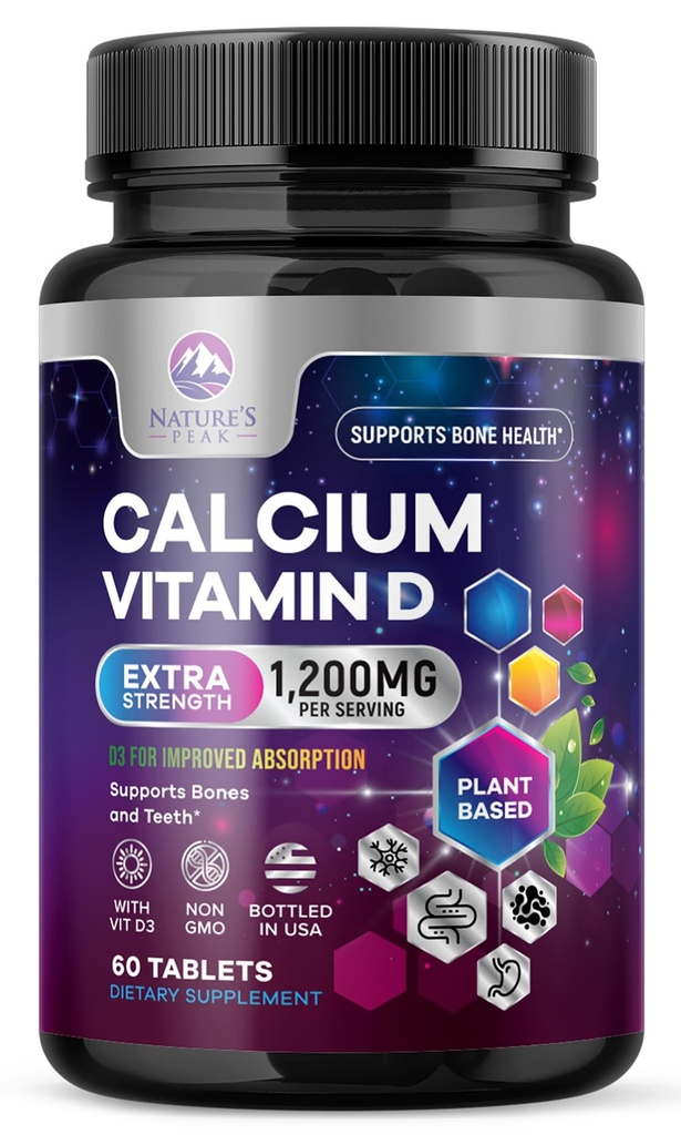 Vápník 1200 mg s vitaminem D3, Doplněk vápníku Vitaminy, Kost, Zuby a imunitní zdravotní podpora, Vápník doplňky s D pro ženy a muže, Příroda je Absorbovatelné uhličitan vápenatý - 60 Tablety
