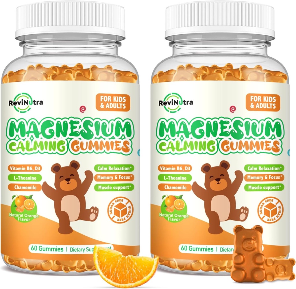 Hořčík Gumy pro děti - Magnesium Glycinátové gumy dodatek s L- theanin, Vitamin B6, D3 pro dospělé a děti, klid hořčík pro spánek, relaxace, mozek, kosti, cukr zdarma Orange 120ct