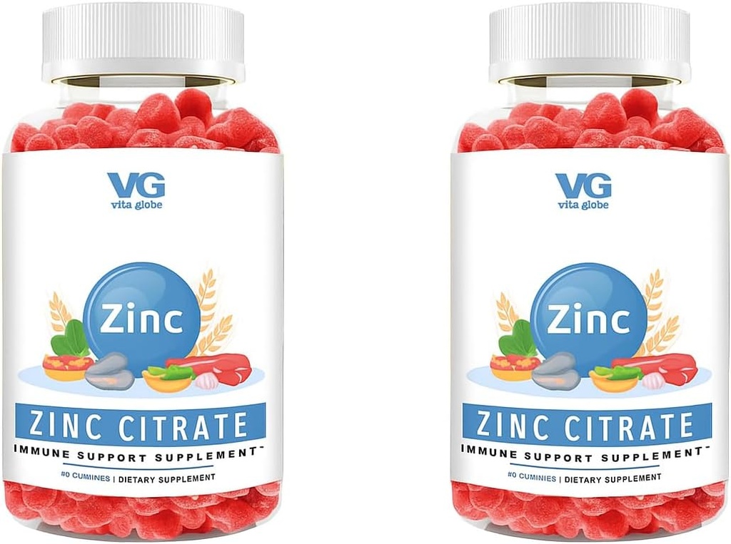 VITA GLOBE Zinek Citrát Gummies - 50mg Denní Zinek dodatek 124; Imunitní systém & Kožní zdravotní podpora CY124; Vegan, Non- GMO Žvejkací Vitamíny pro dospělé a děti - 96 Počet (balení po 2)