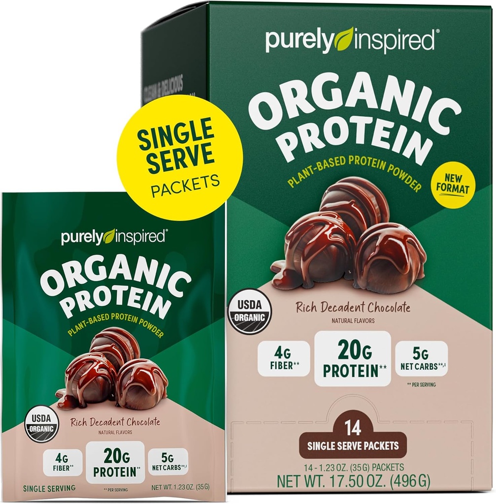 Čistě inspirovaný organický protein prášek, 14 Single Serve Packets, Bohatá dekadentní čokoláda - 20g Plant- Based Protein Powder for Smoothies & Shakes - Dairy- Free, Non- GMO - pro muže a ženy