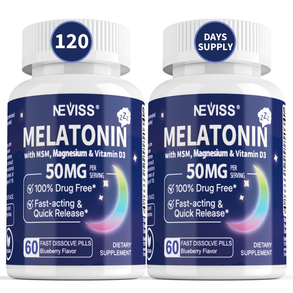 NEVISS Melatonin 50 mg pro dospělé - Extra síla 9- in-1 rychlý rozpustit sublingvální - vysoká dávka s magnesium- glycinátem, vitamin D3, Ashwagandha, Lemon Balm, Heřmánek, cukr zdarma, Vegan 120 Tablety