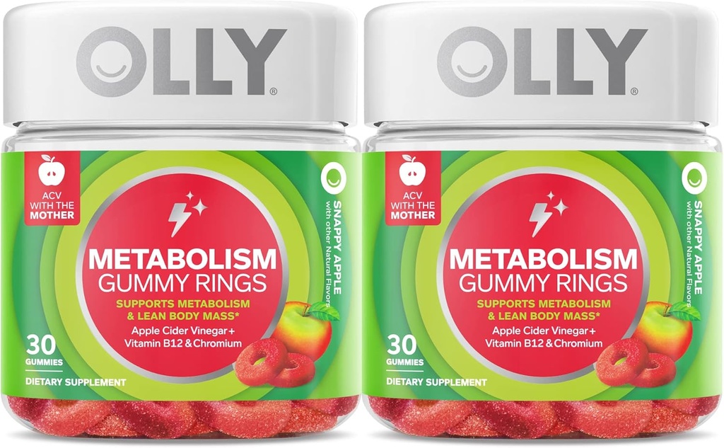 OLLY metabolismus Gummy kroužky, jablečný ocet, vitamín B12, chrom, energie a trávicí zdraví, Žvýkací doplněk, Apple Flavor, Twin Pack - 60 Počet