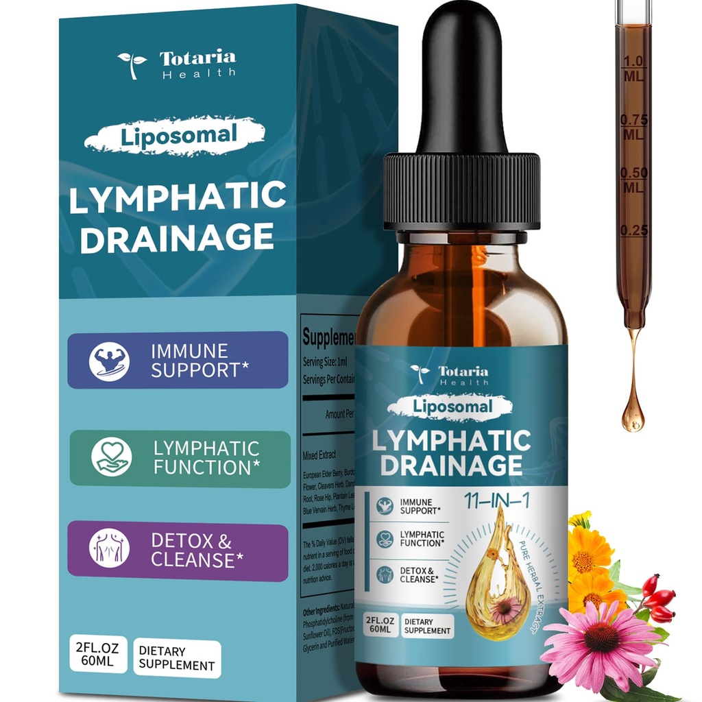 Lipozomální Lymfatické kapky - 11 v 1 Organic Lymfatic Drainment Dodatek s Burdock Root, Echinacea, Elderberry, Calendula, Cleavers Herb, Dandelion Podporuje Lymfatické zdraví 2 FL.OZ