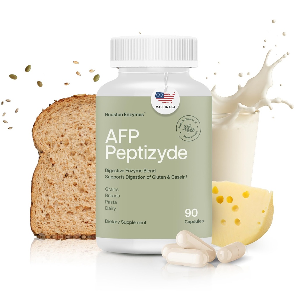 Houston Enzymy AFP Peptizyde - Kombinace trávicího enzymu pro protein, kasein a gluten - Dědičné enzymy pro ženy a muže (90 tobolek)