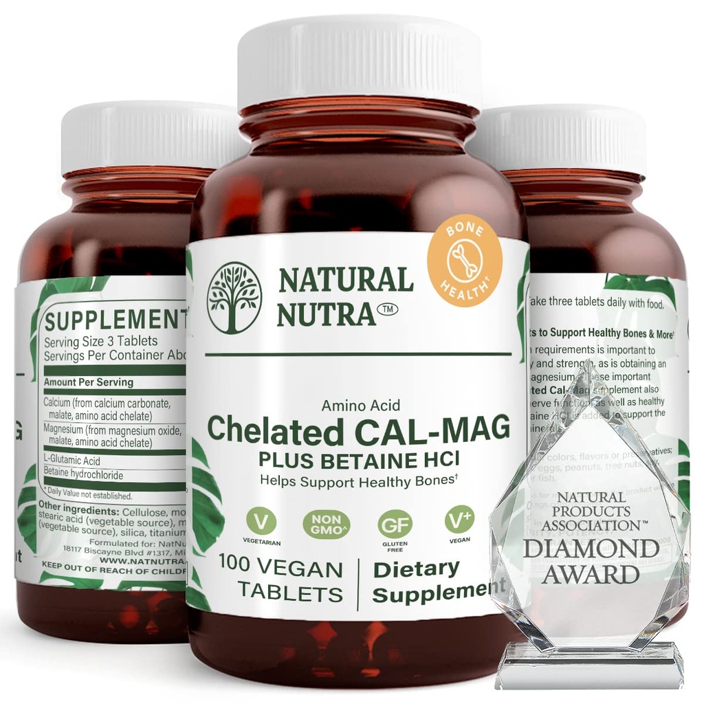 Přírodní Nutra Chelated vápník Magnesium 1000 / 500 mg doplňky Plus Betaine HCL - Chelated Cal Mag zlepšuje hustotu kostí, podporuje svalovinu, zuby, kardiovaskulární & Nerve zdraví, 100 Vegan tablety