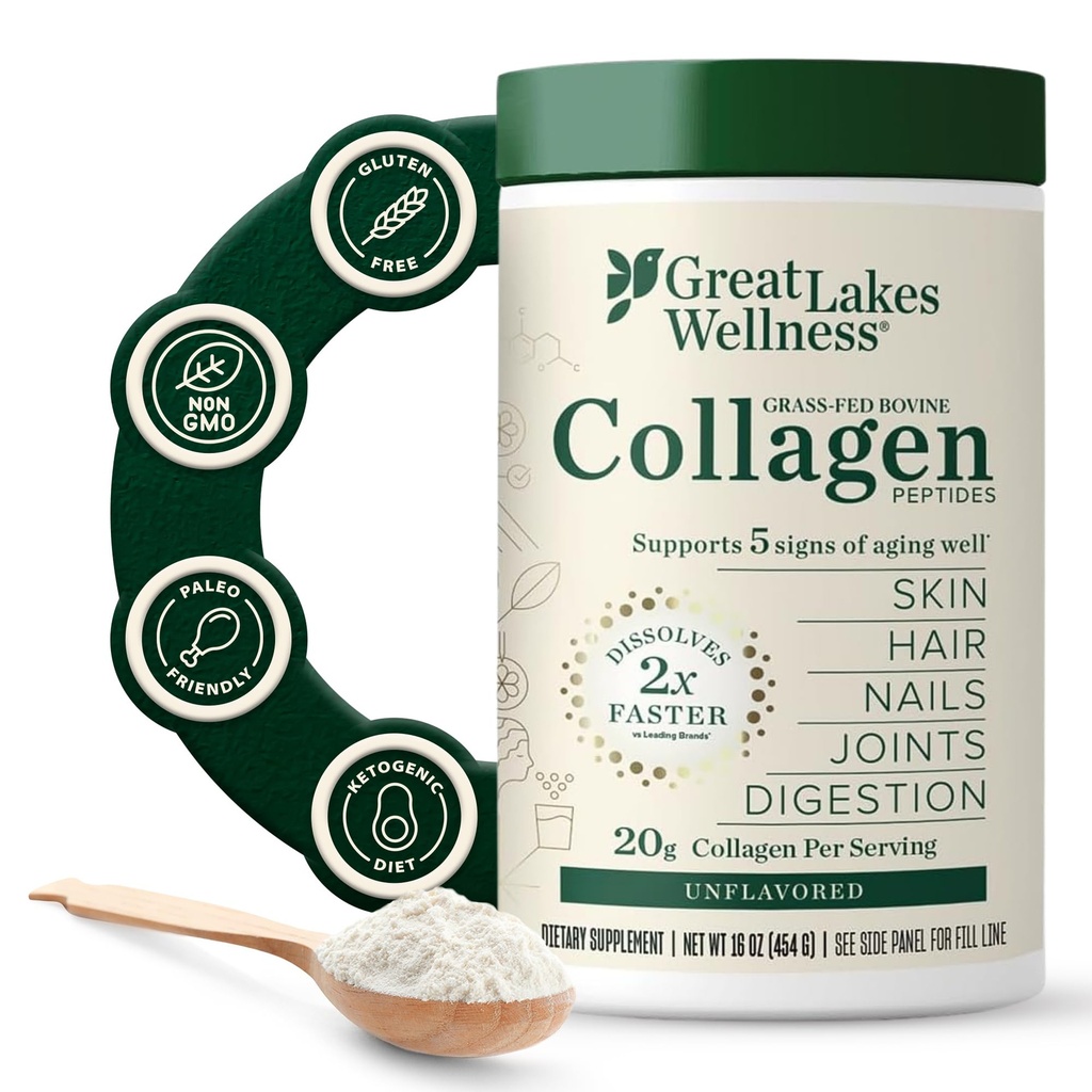 Velká jezera Wellness Kolagen Peptidy Prášek pro pleť, vlasy, nehty, klouby a trávení - Neochucené - Rychlé rozpuštění hydrolyzované, non-GMO, Keto, Kosher - 16oz