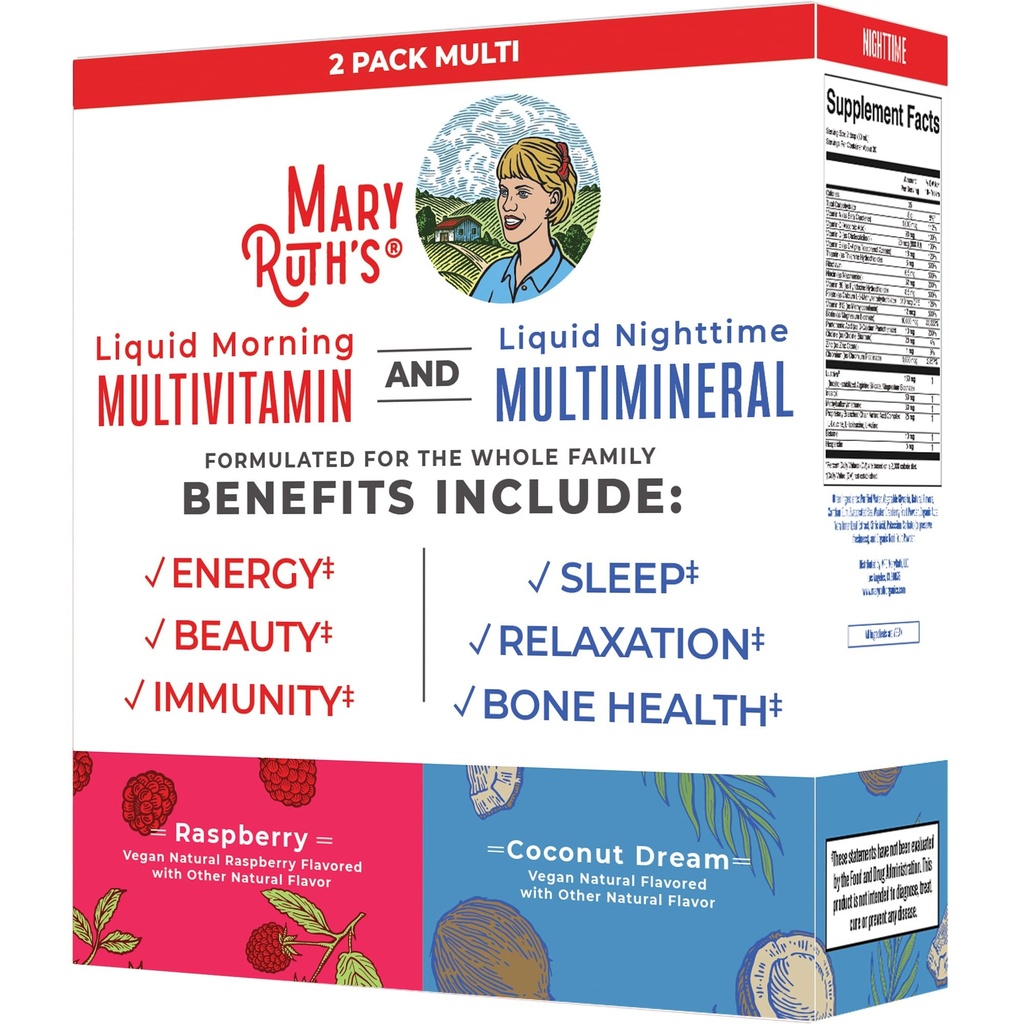 MaryRuth organics Liquid Morning Multivitamin & Liquid Nighttime Multimineral Bundle, Vegan Vitamin C, Vitamin D, B Complex, Magnesium, Energie, Beauty, Sleep Support, NO Melatonin, 32 Fl Oz Each