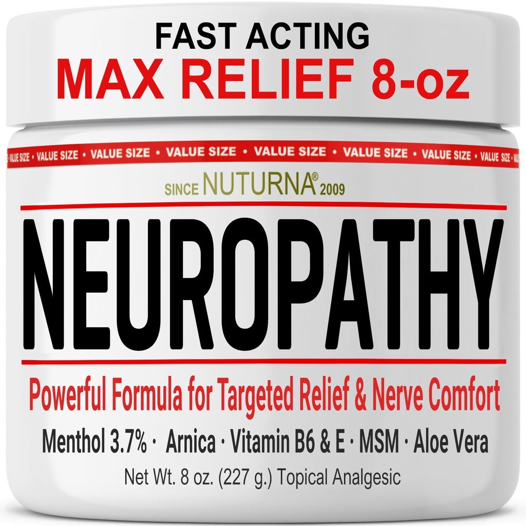 Neuropatie Relief Cream - Rychle působící Max Relief pro nohy nohy - Ultra síla Menthol, Arnica, Aloe Vera, MSM, Natural Soothing Nerve Relief - Extra Large 8 oz
