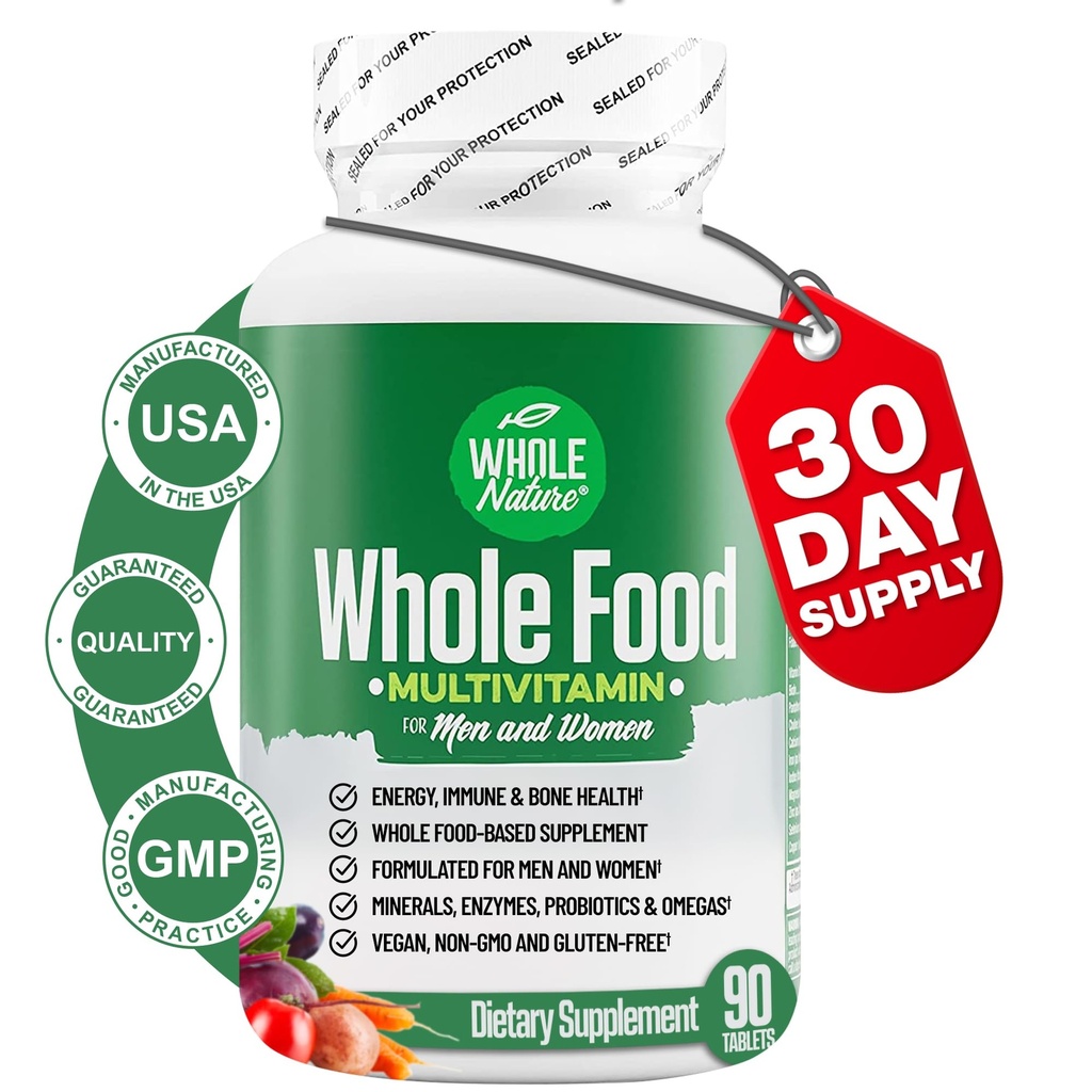 Celé jídlo Multivitamin pro muže a ženy Kompletní denní Superfood Vitamíny Plus Minerály Stravovací Enzymy, Probiotika a Omegas. Multivitamín rostlinného původu, jiný než GMO (1)