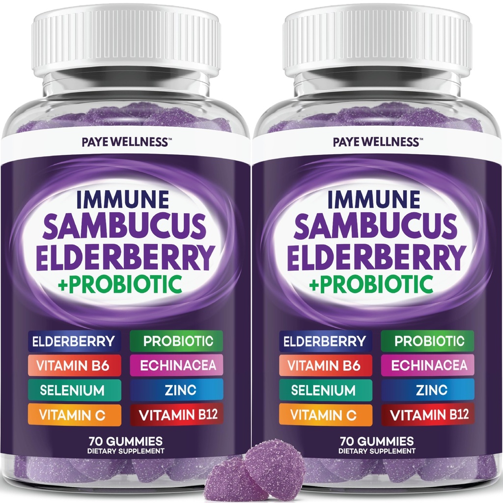 Imunitní podpora bezinky, denní podpora pro děti a dospělé *, se Sambucus Elderberry, zink, vitamin C, D3, B6, B12, Plus - Dietní dodatek - 140 Počet