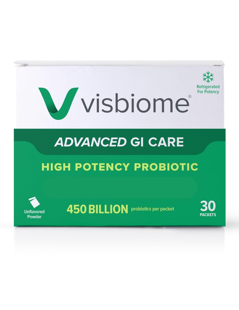 Visbiome ® Advanced GI Care - High potency Probiotic 450 Billion Strength - 30 Packets Unflained Powder - Original De Simone Formulation - Shipped Cold in Recyklable Cooler with Temperature Monitor.