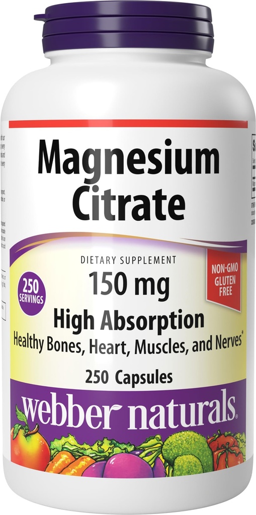 Webber Naturals Magnesium Citrát, 150 mg per Capsule, 250 Kapsle, vysoká absorpce, pomáhá podporovat kosti, zuby a správné svalové a srdeční funkce, gluten a mléčné výrobky zdarma