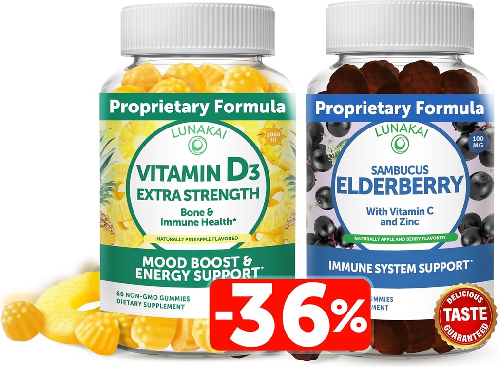 Lunakai Vitamin D3 a Elderberry Gummies Bundle - Imunita, Kostní a Mood Supplement pro dospělé a děti - Non- GMO, No Corn Syrup, Všechny přírodní Gummy