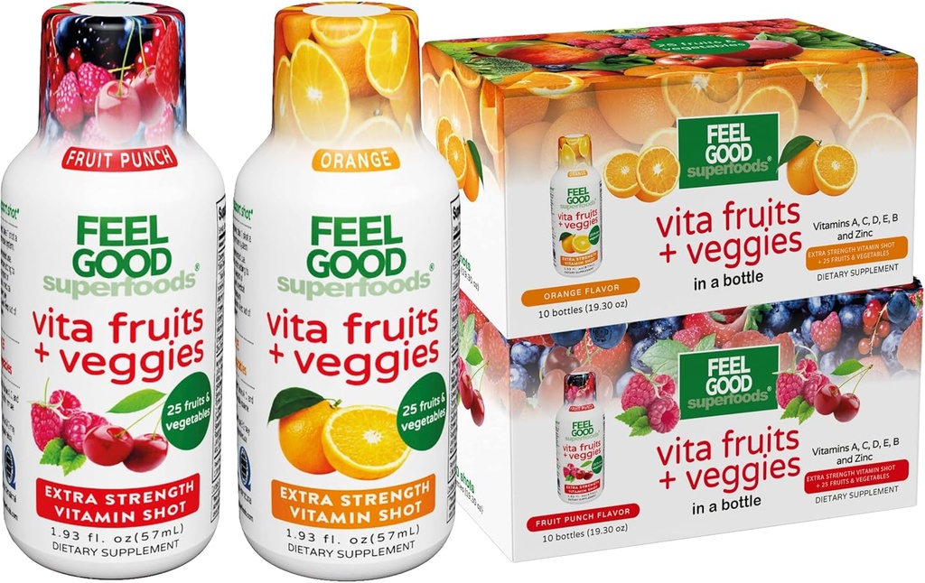 FeelGood Superfoods Vita Fruits a Veggies Imunite Support Shot doplňky, 25 Organic Fruits and Veggies, Připravený pít Imunity Booster, Orange and Fruit Punch Flavor, Combo Pack 20