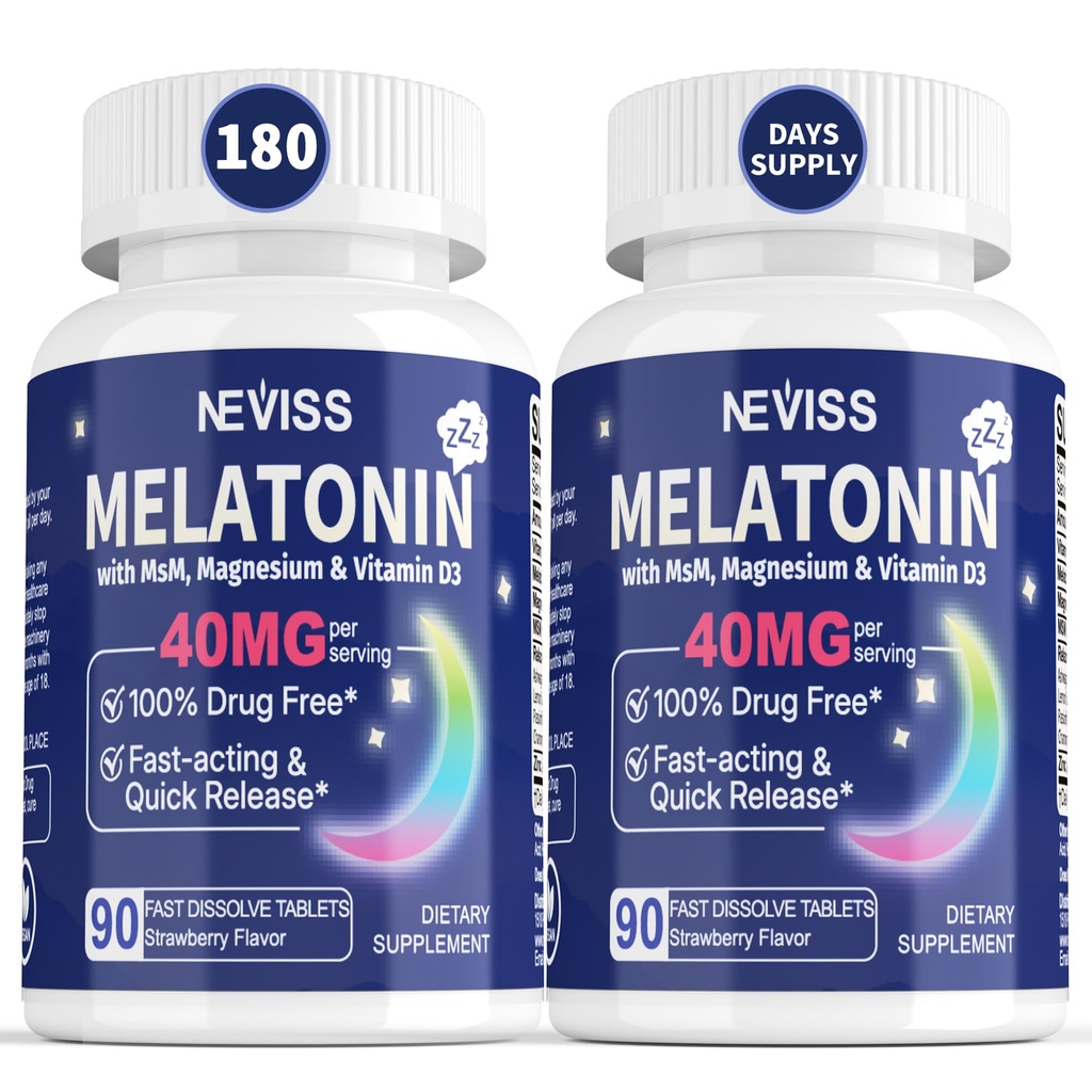 Melatonin 40 mg pro dospělé - Rychlý rozpustit a žvýkat sublingvální spánkový doplněk - Extra síla melatonin s vitaminem D3 & MSM, Selen pro zdravotní odpočinek cyklus, hluboké Zzzs, Sugar- zdarma, 180 Služebnictví