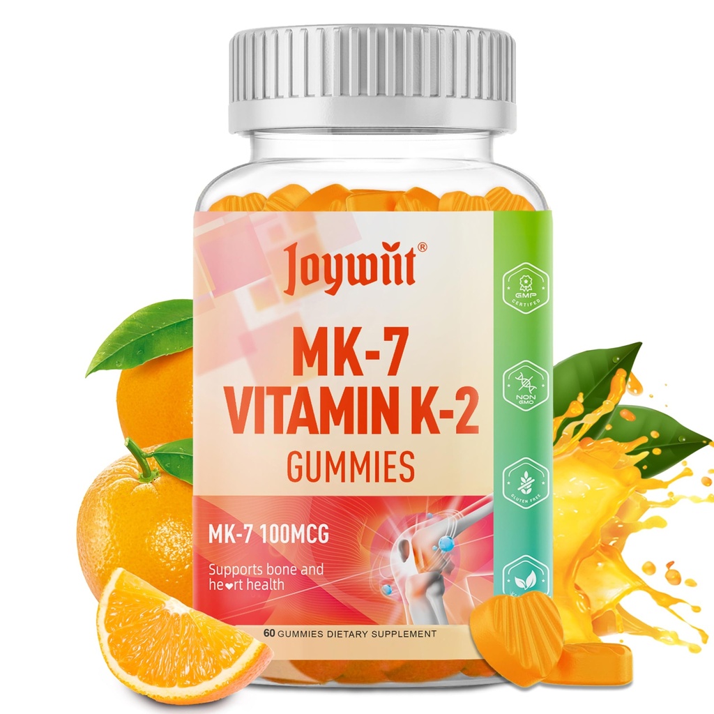 Vitamin K2 MK-7 Gummies 100mcg, Extra Strength K2 Vitamin dodatek pro podporu kostí a umění, Žvýkací přírodní Orange Flavor, Non GMO, Vegan, 60 Gummies