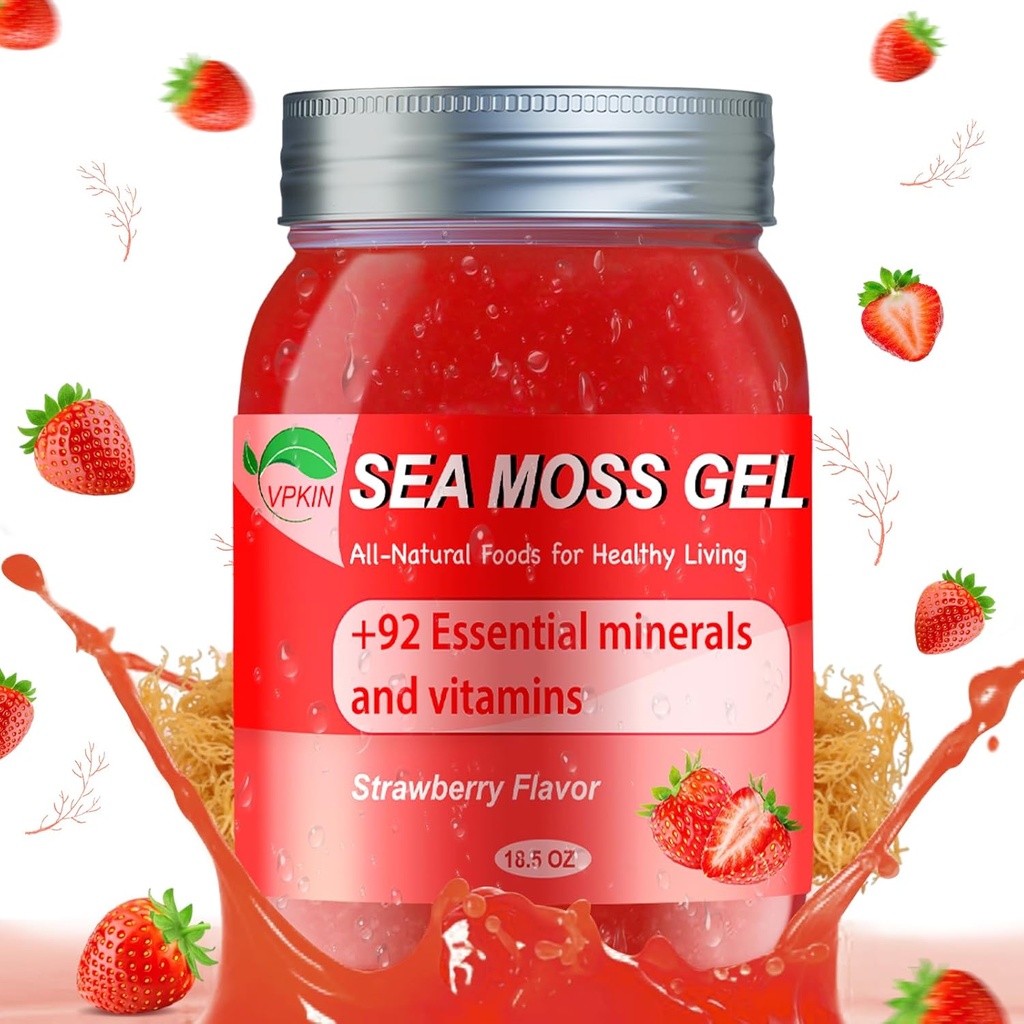 Sea Moss Gel, Organic Raw Irish Seamoss Gel Advanced Superfood, Imunitní a trávicí podpora, Vitamin a minerály dodatek (Strawberry, 18.5OZ)