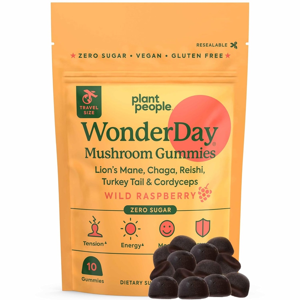 Plant People - WonderDay Mushroom Gummies Mini 124; Daily Gummy Multi podpora pro rovnováhu celého těla, nálada, De-Stress, Energy, Imunity a Gut zdraví 124; Přírodní, Vegan, Non- GMO 124; Zkušební velikost