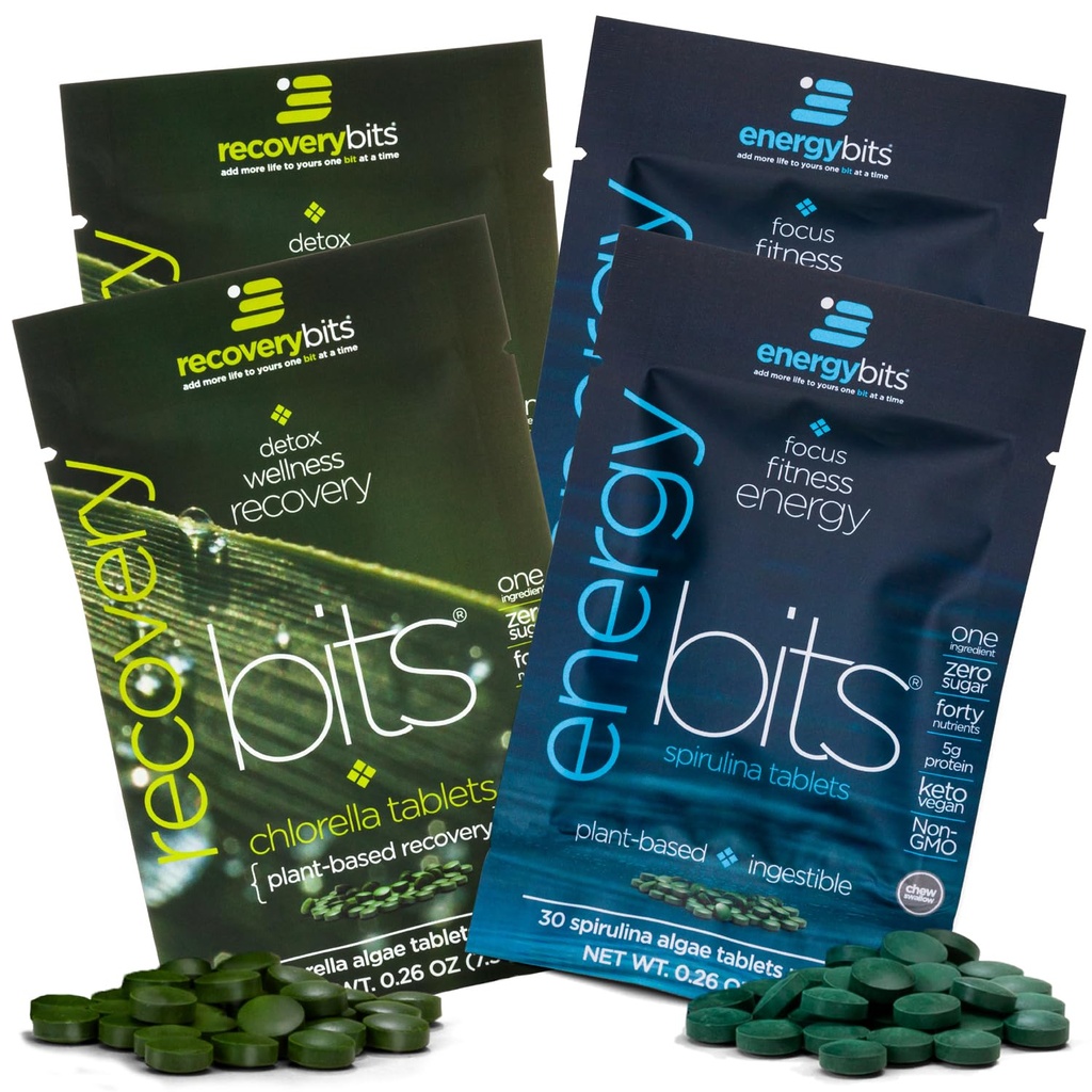 EtherGYbits / REVERYbits - Organic Spirulina & Chlorella Tablets - Single Serving Sample Packs - Algae Superfood - High Protein, Chlorofyl - Self Care - Vegan, Keto, Gluten Free - 4 sáčky, 30 / Bag