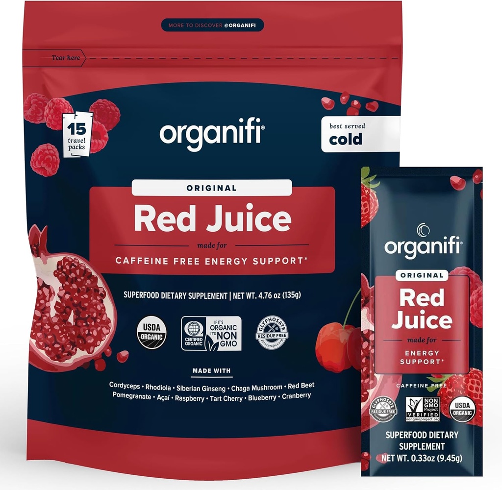 Organifi Red Juice - Energy Powder Reduces Odpolední Crashes and Boosts Digestion and Imunity System, 15 Go Packets