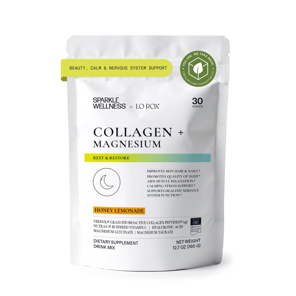 Kolagen Magnesium Rest + Restore (Med Lemonade) [30 Slouží] CLAS124; VERISOL Bioactive Collagen Peptides, Magnesium Glycinate & Taurate Salts CLAS124; Lauren Roxhamster Rest + Restore CLAS124; Calming Beauty Routine