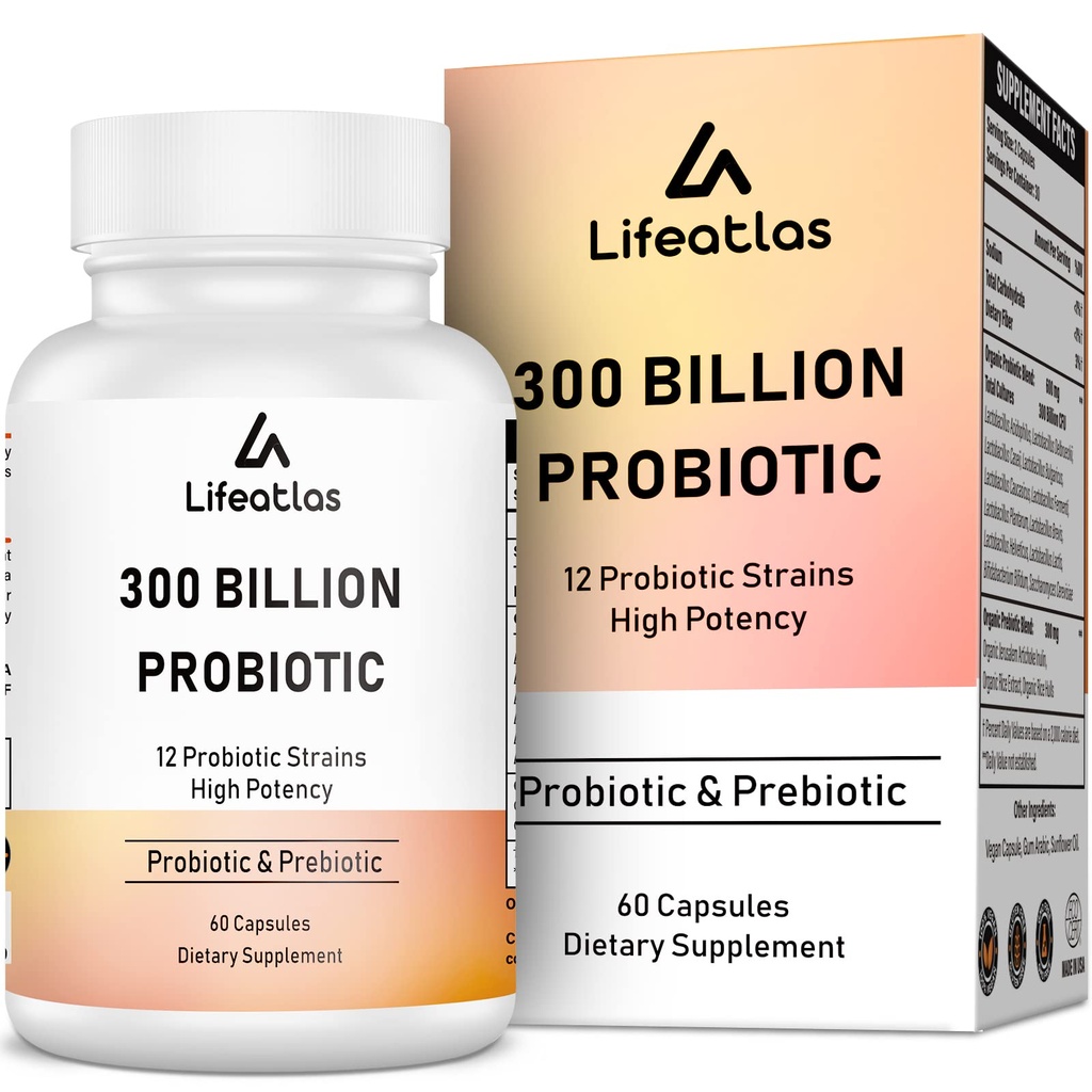300 miliard CFU Probiotika - Probiotika pro ženy a muže, 12 Probiotických drážek Plus Prebiotic, pro imunitní a stravitelné, Gut zdraví, plynové floating, Stabilní skladování - 60 Caps