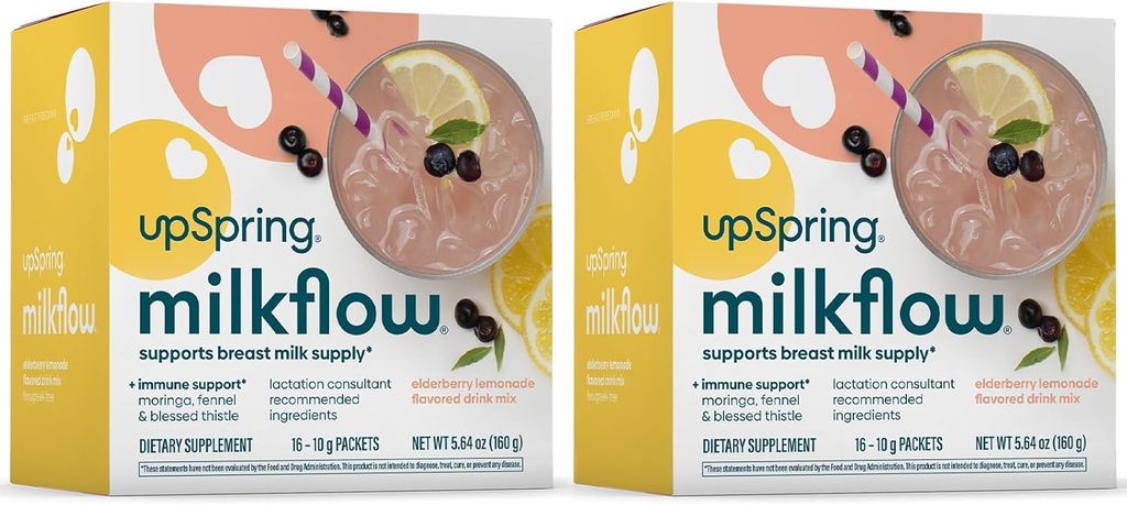 UpSpring Milkflow Imunitary Support Kojení Dodatek Drink Mix Fenugreek- Free, Moringa current 124; Elderberry Lemonade Flavor current 124; Kojení dodatek k podpoře prsu Mléko Dodávka 124; 2 Pack