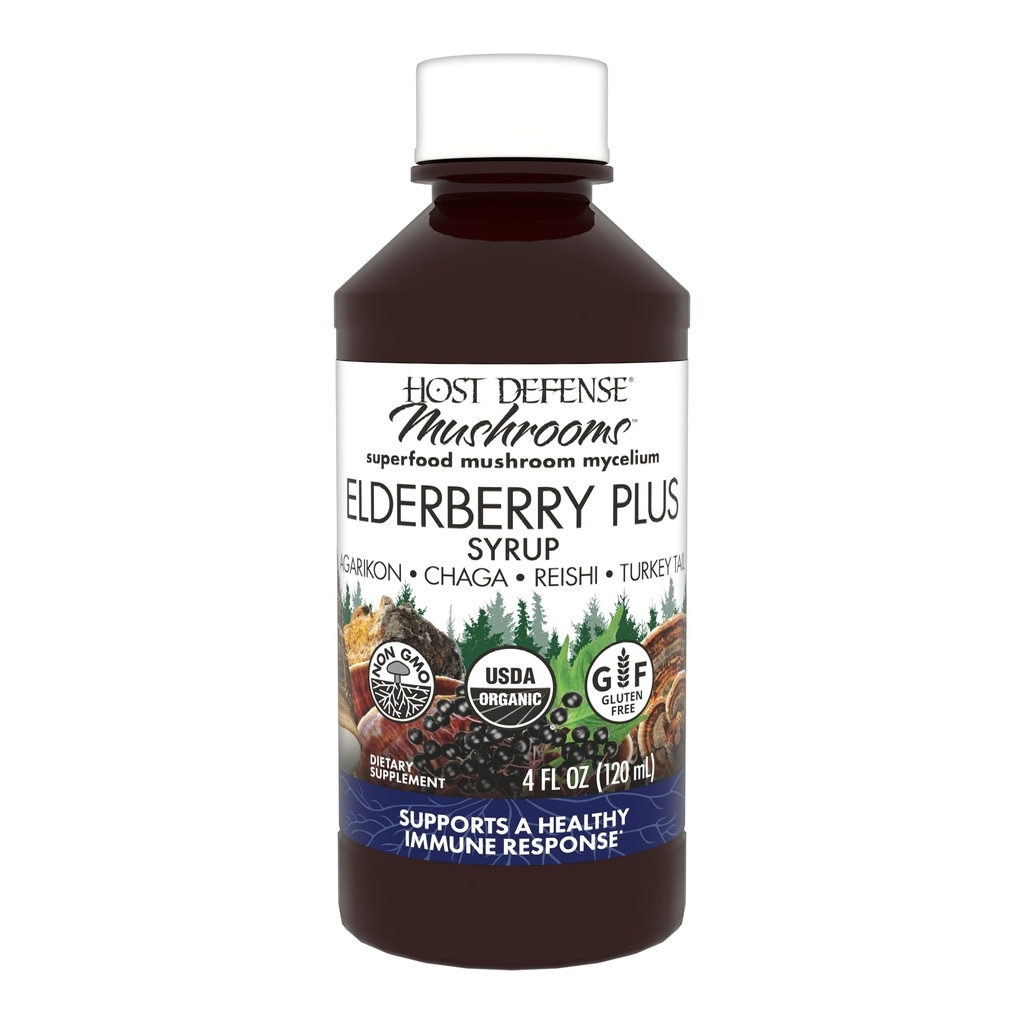 Hostitel Defense Elderberry Plus Syrup - Imunitní, Respirační a Lung Supplement * - Liquid Houby Supplement with Turkey Tail, Reishi, Agarikon & Chaga * - 4 fl oz (12 Servings)