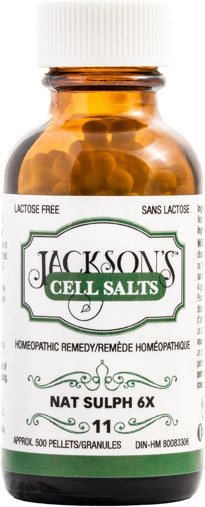 Jacksonova # 11 Cell Salt NAT Sulph 6X (500 Pellet Bottle) - Certified Vegan, Lactose-Free Schuessler Tissue Salt Natrum sulpuricum 6X