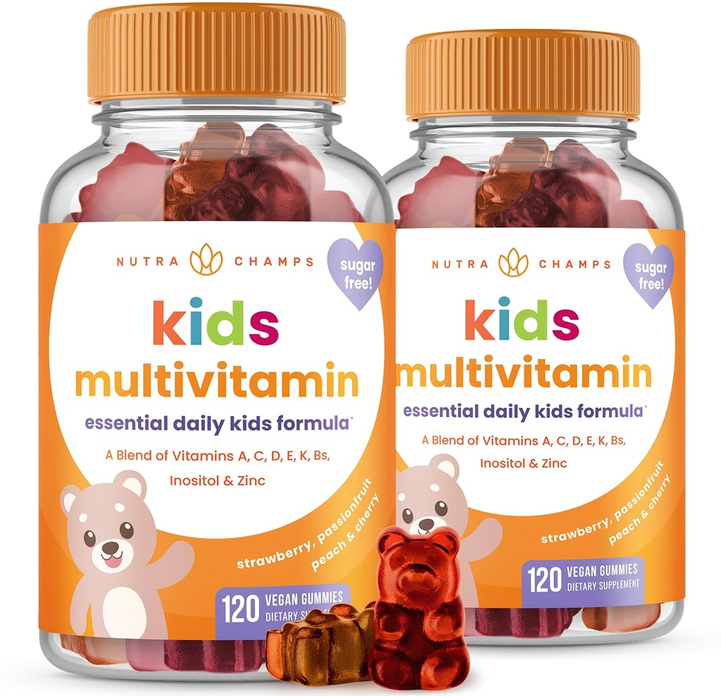 NutraChamps 120 Gumma Vitamíny pro děti (balení po 2), Cukr zdarma Děti Vitamíny Gumma Multivitamin, Vegan & Non- GMO, Jahody, Passionfruit, Peach & Cherry