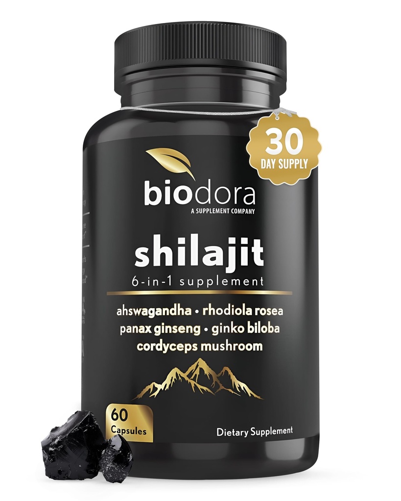 6-in-1 Shilajit dodatek 300mg, Mood a Energy Supplement s 60mg čisté Ashwagandha, Rhodiola Rosea Panax Ginseng pro imunitní podporu, paměť a zaměření, 85 + stopové minerály, 60 Kapsle