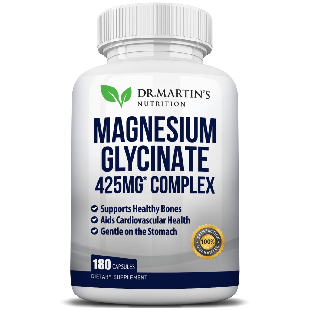 Premium Magnesium Glycinate 425mg - 180 Vegan Capsules - Helps with Stress Relief, Sleep, Muscle Cramps & Healthy Heart |