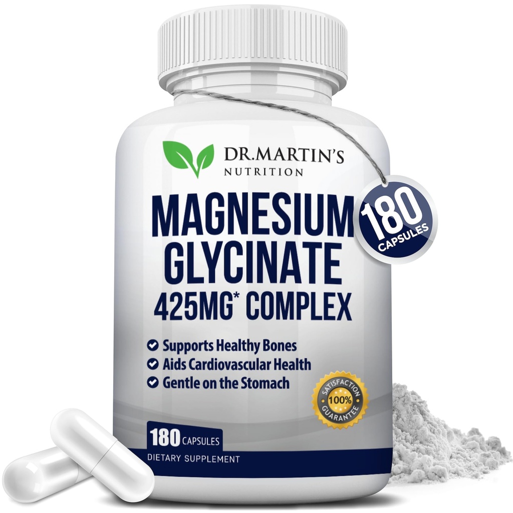 Premium Magnesium Glycinate 425mg - 180 Veganových kapslí - Pomáhá se stresovou úlevou, spánkem, svalovými křečemi a zdravým srdcem 124;