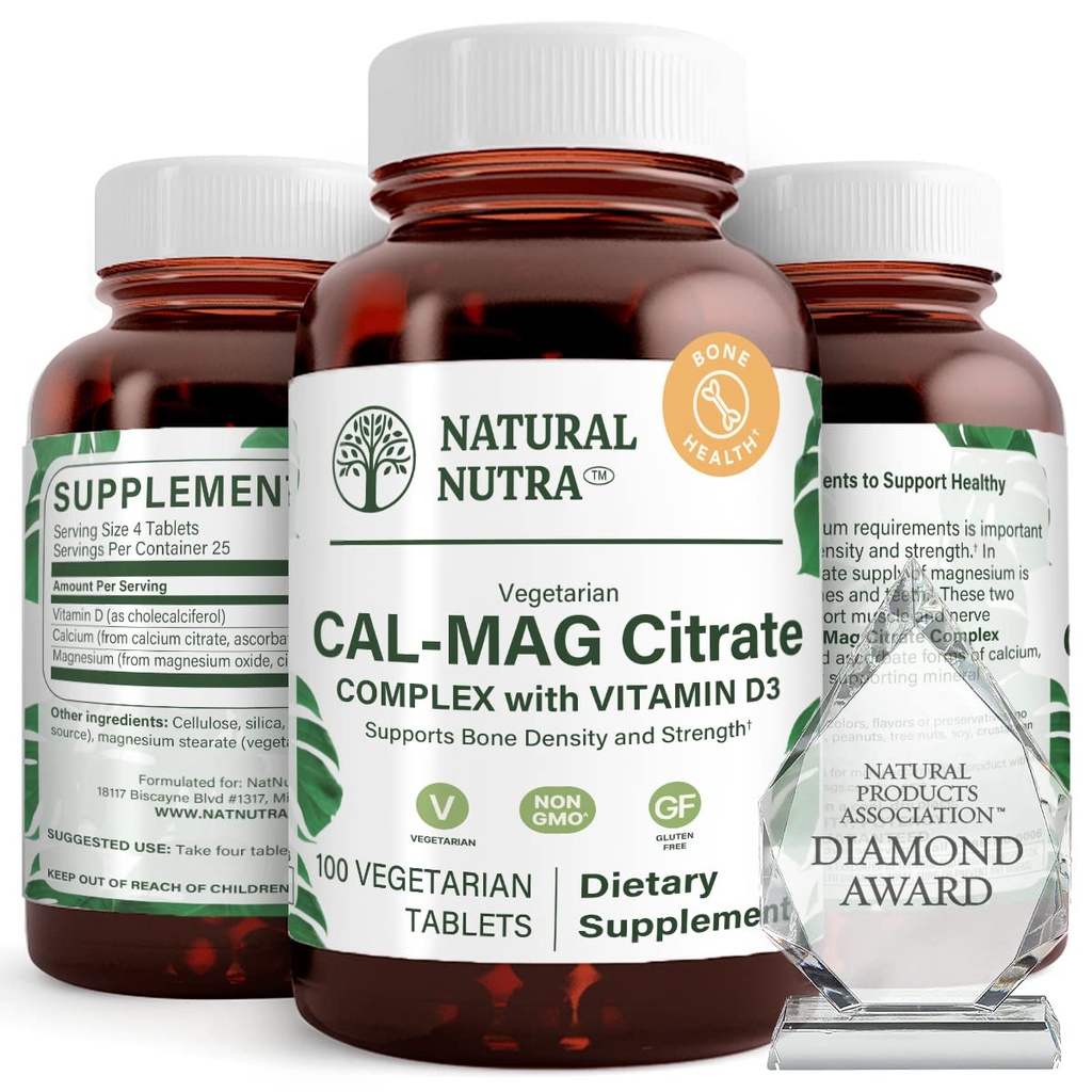 Natural Nutra Cal- Mag Citrát s vitaminem D3,1000 / 500 mg Komplex, Posílit hustotu kostí, svalů a nervové zdraví, pomůže udržet zdravé zuby, vysoce biologicky dostupné zdroje, 100 Vegan tablety